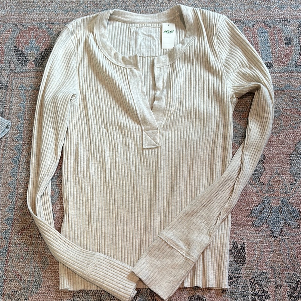 Aerie Cream Ribbed Polo Blouse